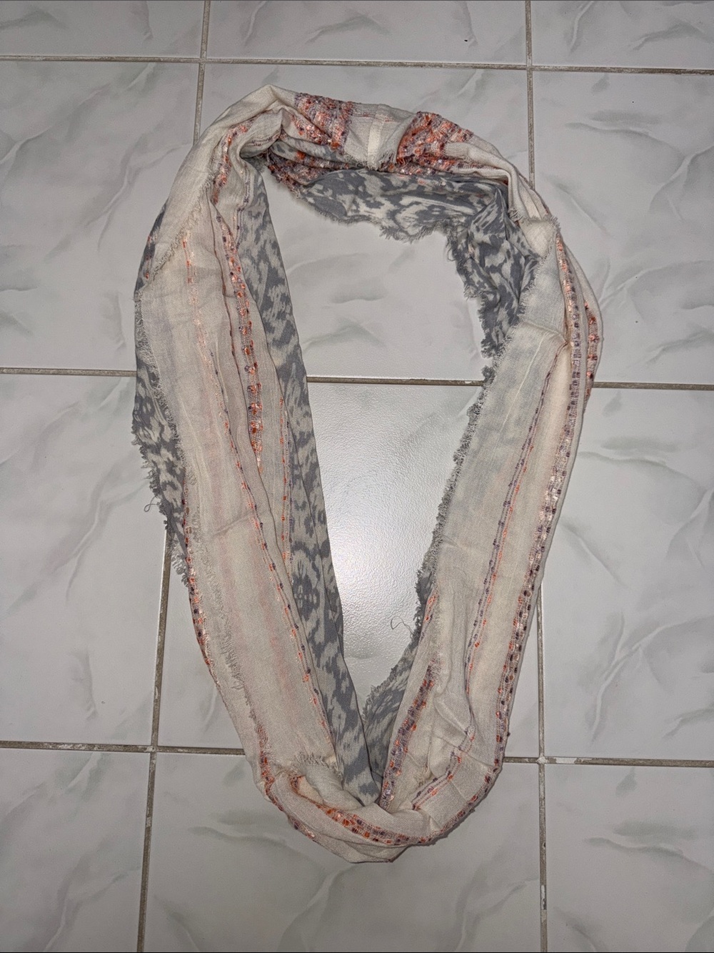 Lightweight Cream & Gray Infinity Scarf with Coral Accents